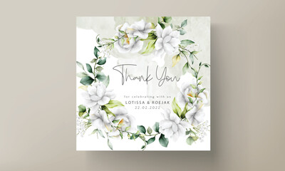 Wall Mural - beautiful watercolor wedding invitation with  greenery leaves and white flower