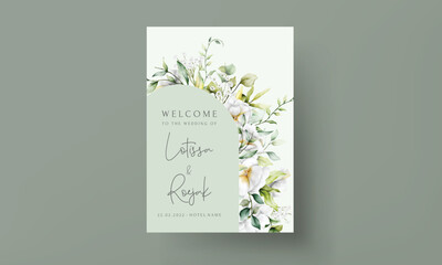 beautiful watercolor wedding invitation with  greenery leaves and white flower