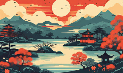 Classic japanese landscape. mountain, fuji, sakura, pagoda, water. Oriental natural background.