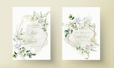 Wall Mural - beautiful watercolor wedding invitation with  greenery leaves and white flower