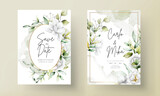 Fototapeta Sypialnia - beautiful watercolor wedding invitation with  greenery leaves and white flower