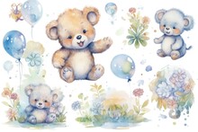 Happy Baby Bears In Watercolor Style, Featuring Flowers And Balloons. Nursery Designs. Generative AI