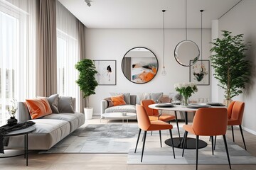 Poster - A contemporary living room with a light atmosphere and a table and chair table and decorations. Mockup of the interior of the living room. Stylish modern space with lots of natural Generative AI