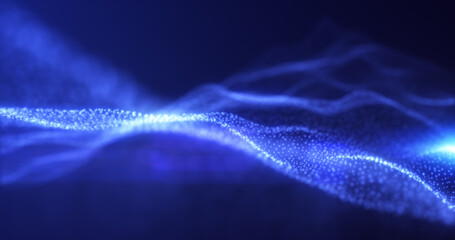 Wall Mural - Abstract blue energy waves from particles of futuristic hi-tech glowing background