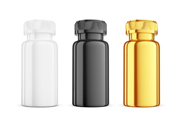 Wall Mural - White, black, gold medicine bottles mockup template isolated. 3D rendering. Transparent PNG image.