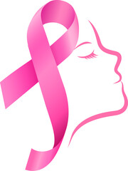 Wall Mural - Pink ribbon on woman face icon design. Breast cancer awareness month. Design for poster, banner, t-shirt. Vector illustration.