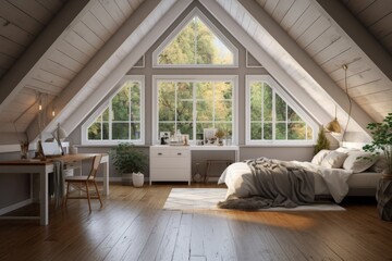 Sticker - Two wide windows, a gray attic bedroom with a hardwood floor, a white bed, and a white table with a computer. a mockup Generative AI