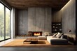 Interior of a contemporary living room with a fireplace, concrete and wooden walls, a concrete floor, and loft windows. an angle. a mockup Generative AI