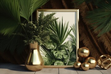  Tropical ambiance on a mockup of a golden frame. Generative AI