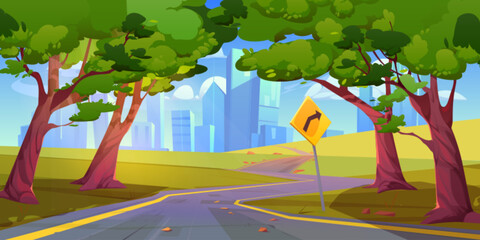Wall Mural - Nature landscape with road, city on horizon, trees and clouds in sky. Summer scene with empty highway, green fields, road sign and town buildings, vector cartoon illustration