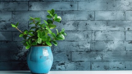 Sticker - Modern office or home blue brick wall with a little plant Generative AI