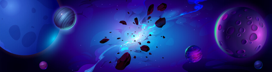 Poster - galaxy explosion nebula space cartoon vector background. universe crack at night sky outer cosmos il