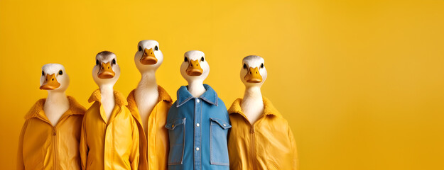 creative animal concept. duck bird in a group, vibrant bright fashionable outfits isolated on solid 