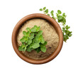 Top view of Oregano spice in an earthen pot isolated on white background, Generative ai