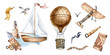 Set of sailing ship, hot air balloon, adventure items watercolor illustration isolated on white. Spyglass, airplane, ancient map hand drawn. Childish design, element for boy's room, print, postcard