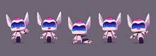 Cute Evolution Robot Ai Mascot Character Cartoon Illustration. Modern Chatbot Friend Icon With Sad, Happy And Frightened Computer Design Set. Futuristic Artificial Intelligence Creative Android
