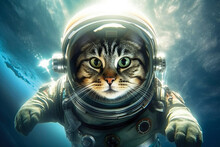 Cute Space Cat Dressed In Astronaut Suit. Created With Generative AI Technology.