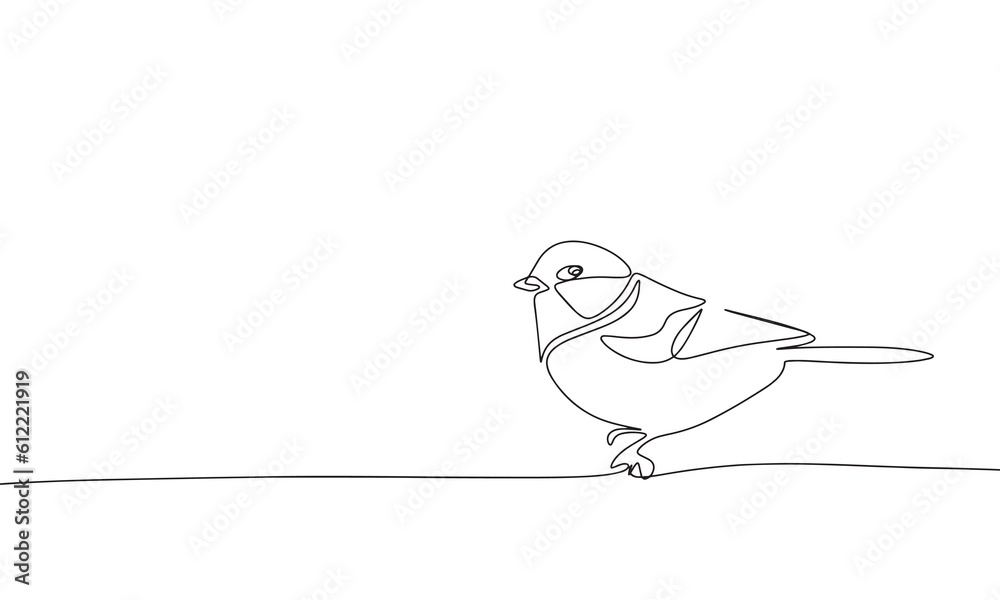 Tit bird are sitting isolated on white background. One line continuous vector illustration. Line art, outline.
