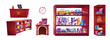Cartoon set of toy shop furniture, goods isolated on white background. Vector illustration of wooden shelves with teddy bears, stuffed dogs, cars, rockets, books, cubes, balls, computer on cash desk