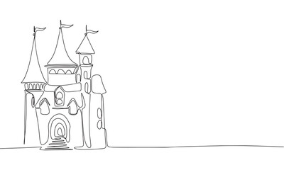 Fairy castle isolated on white background. One line continuous vector illustration. Line art, outline.
