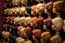 Rows Of Mannequins In A Wig Shop, Rows Of Hair Wigs, Created With Generative AI