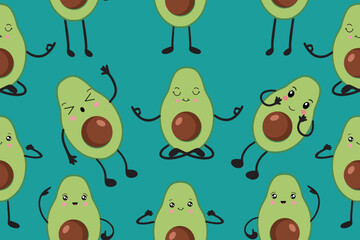 Wall Mural - Seamless vector pattern of avocado in kawaii style. Fashionable children's pattern for interior decoration, poster, textiles. Simple vector illustration with vegetarian healthy food. Vector