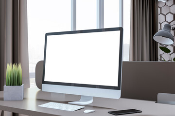Poster - Close up of creative designer office interior with wall, empty white computer monitor and other items. Mock up, 3D Rendering.