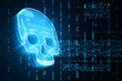 Abstract glowing digital blue glitch skull hologram on dark wallpaper. Virus, crime and hacking concept. 3D Rendering.