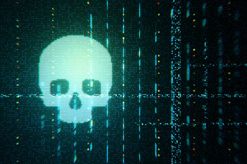 Wall Mural - Abstract glowing digital blue glitch skull hologram on dark backdrop. Virus, crime and hacking concept. 3D Rendering.