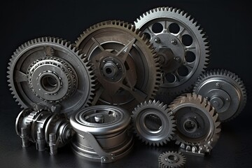 Poster - Gear wheels on a black background. Close up. 3D rendering, Realistic industrial engine gear and wheels, AI Generated