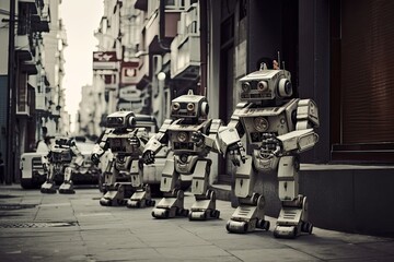 Poster - Retro robots in the street of Istanbul. Filtered image processed vintage effect. Robots conquering the world, AI Generated