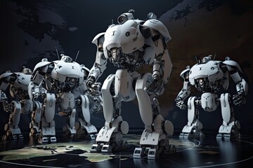 Wall Mural - 3D rendering of a robot on the background of the world map, Robots conquering the world, AI Generated