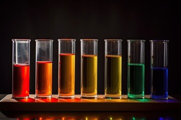 Poster - Laboratory glassware with multicolored liquid on black background. Science laboratory test tubes filled with colorful tubes, AI Generated