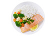 plate of  salmon fillet, rice and vegetables isolated on transparent background, top view