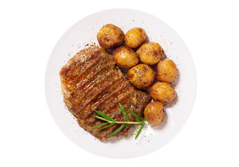 Canvas Print - plate of  grilled meat with rosemary and potatoes isolated on transparent background, top view