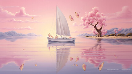 fantasy whimsical pink pastel sailboat at calm sea