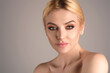 © Volodymyr - Beauty woman with fashion eyes make up, pink lipstick on plump lips, close up face. Beautiful young woman with clean fresh skin on studio background. Face care, facial treatment, cosmetology.