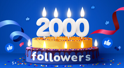 Poster - 2k or 2000 followers thank you. Social Network friends, followers, subscribers and likes. Birthday cake with candles.
