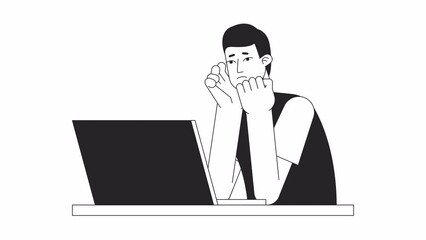 Fototapete - Animated bw frustrated man laptop. Asian young student worry isolated 2D animation. Cartoon monochrome flat line character 4K video footage, white background, alpha channel transparency for web design