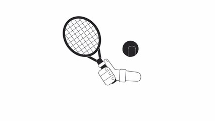 Poster - Animated bw tennis racket ball. Hand holding racquet. Tennis ball movement isolated 2D animation. Cartoon monochrome thin line hand 4K video footage, alpha channel transparency for web design