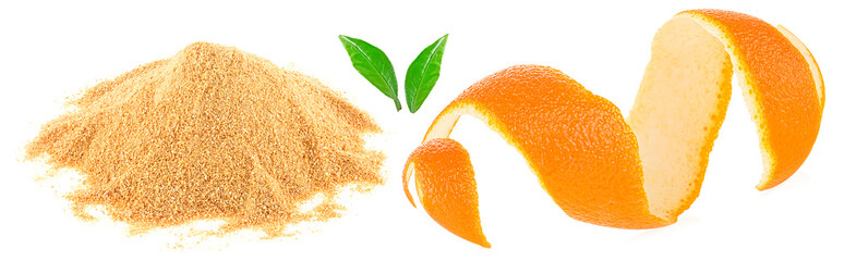 Fresh orange skin and pile of dried orange peel powder isolated on a white background