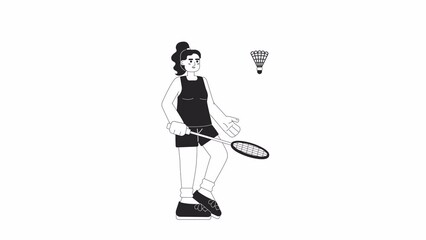 Poster - Animated bw badminton player. Female athlete hitting shuttlecock isolated 2D animation. Sports woman. Cartoon monochrome thin line character 4K video footage, alpha channel transparency for web design