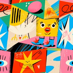 Wall Mural - various abstract cartoon creatures, doodle shapes and objects. bird, star, eyes, boots. hand drawn i