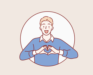 man showing heart gesture with two hands.  Hand drawn style vector design illustrations.