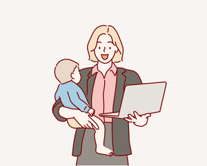 Wall Mural -  mom with baby, holding laptop. Hand drawn style vector design illustrations.