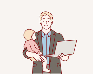 Wall Mural - dad with baby, holding laptop. hand drawn style vector design illustrations.