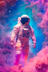 Wall Mural - space illustration of man in space suit inside softly glowing pink and blue galactic cloud. peaceful