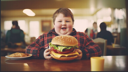 Cute fat happy boy 7 years old with a burger on cafe.