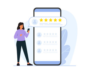 Woman giving five star feedback and choosing satisfaction rating on smartphone app. Customer review rating and feedback concept. Flat vector illustration isolated on white background.