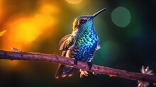A Blue Hummingbird Sits On A Branch Sunny Day Bright , Generative Ai